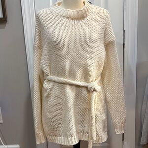 PrettyLittleThing Cream Knit Belted Sweater Dress Winter Cozy Cottagecore
